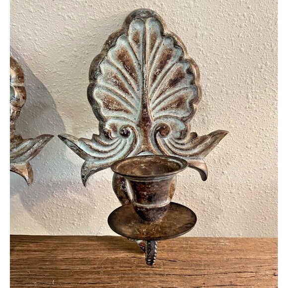 Vintage Set of 2 Metal Single Candle Wall Sconces Used Item - Picture 2 of 10